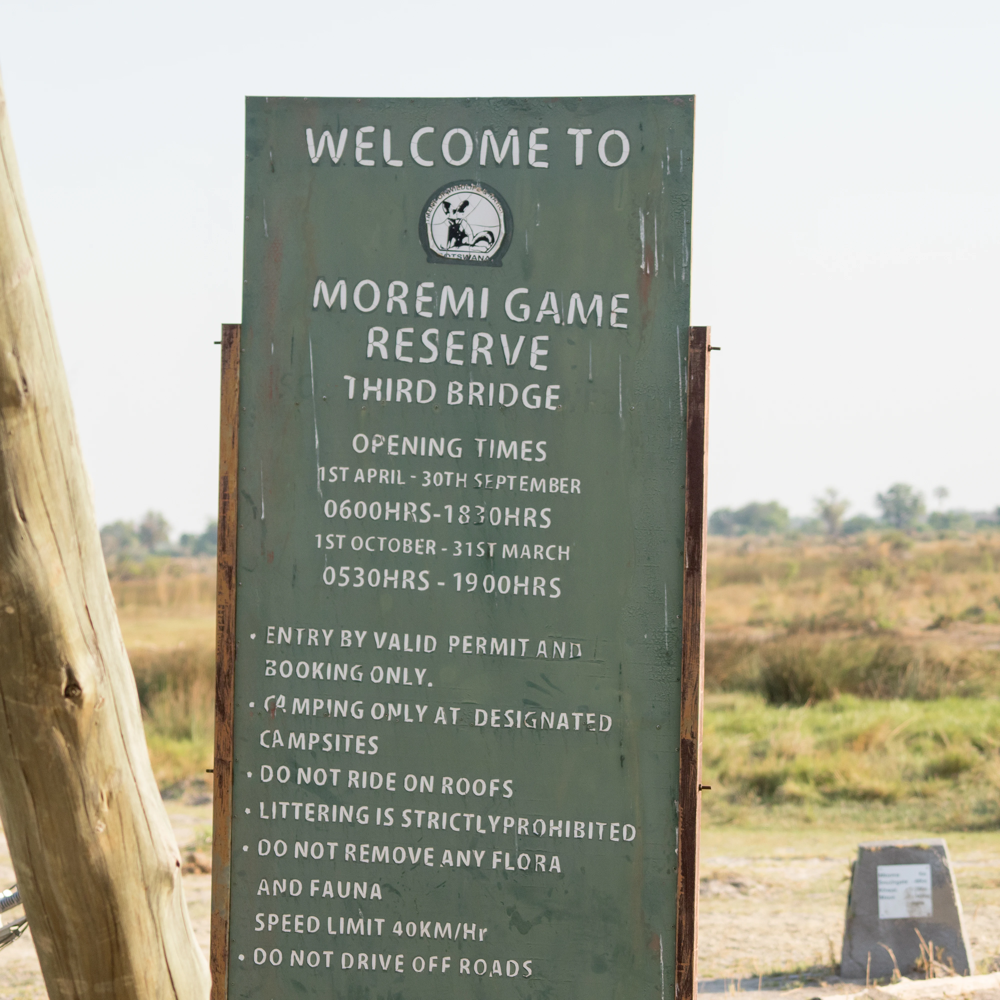 Moremi signpost, Moremi Game Reserve, Botswana — photo by Jim Bennett