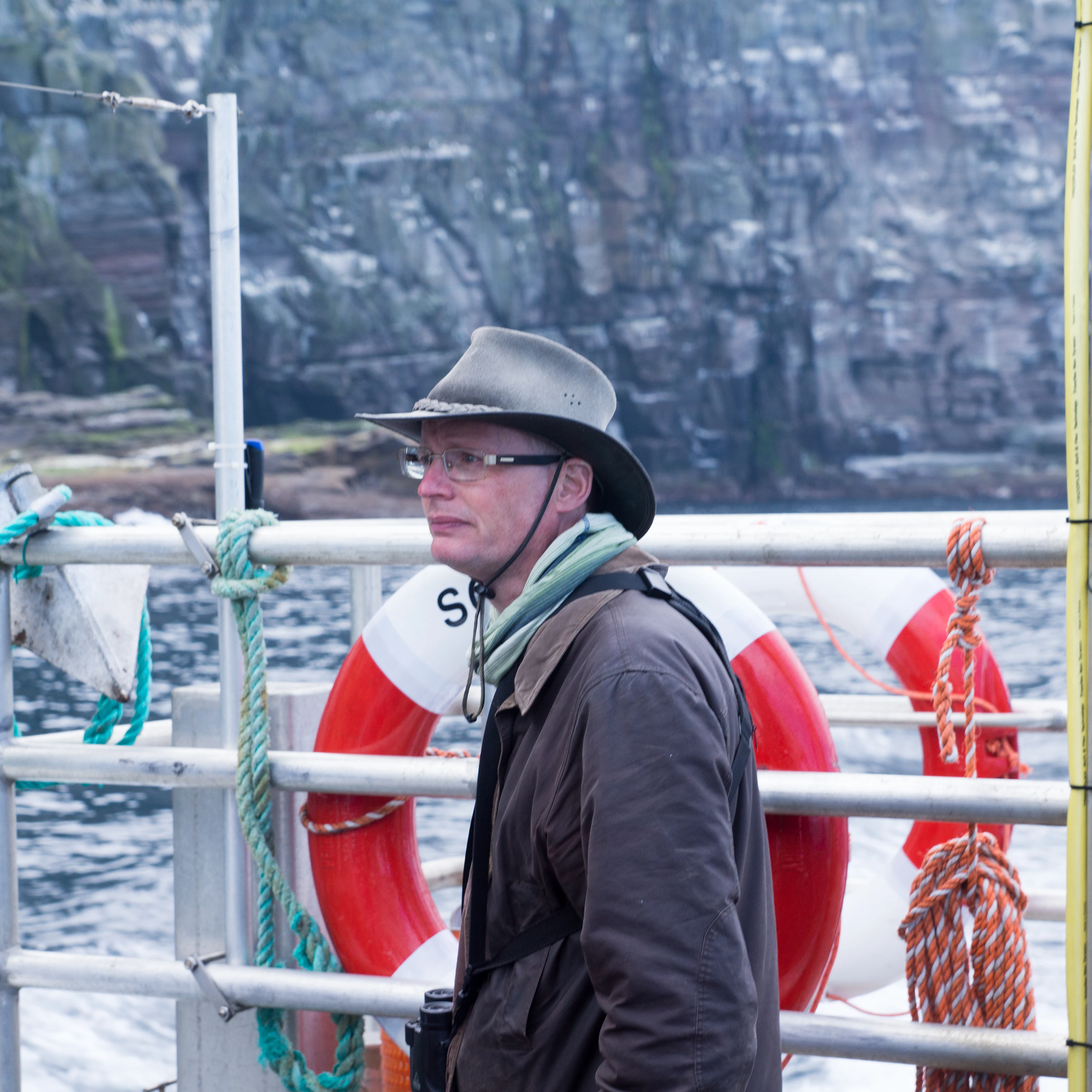 Adam on the Mousa boat, Noss, UK — photo by Jim Bennett