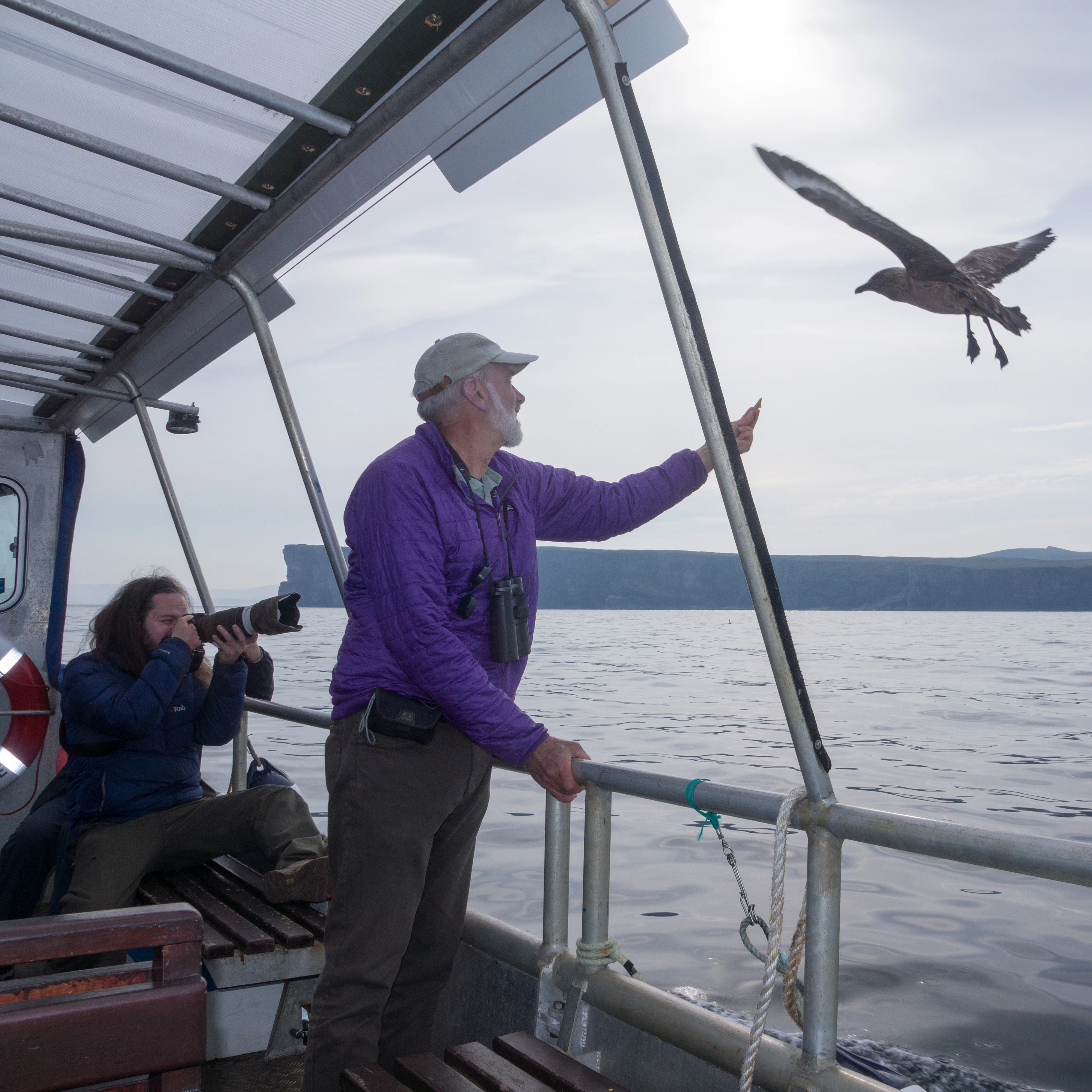 Mike feeding the Great Skuas, Noss, UK — photo by Jim Bennett
