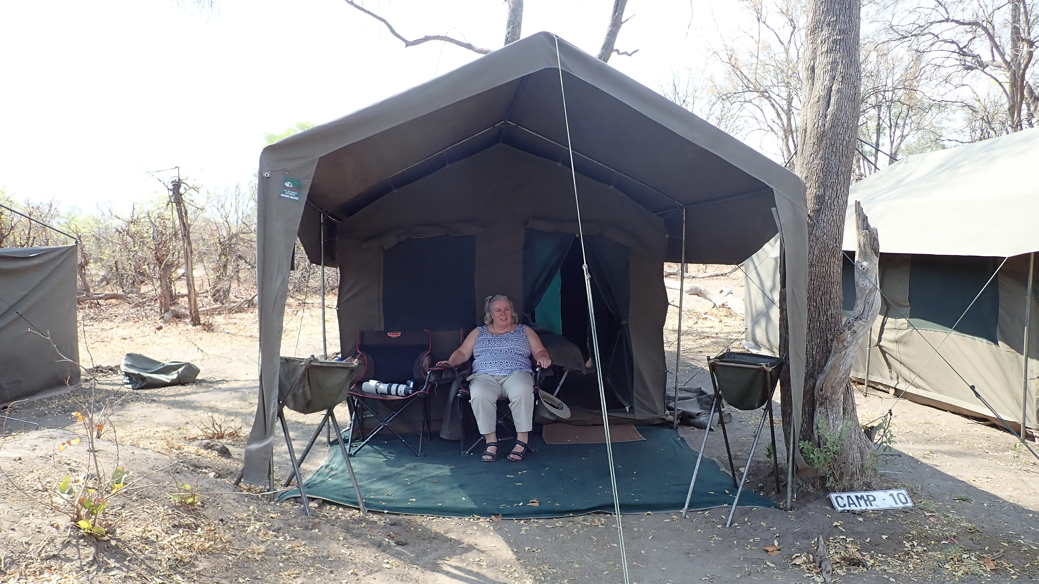 Caroline in our tent, Khwai campsite, Botswana — photo by Jim Bennett