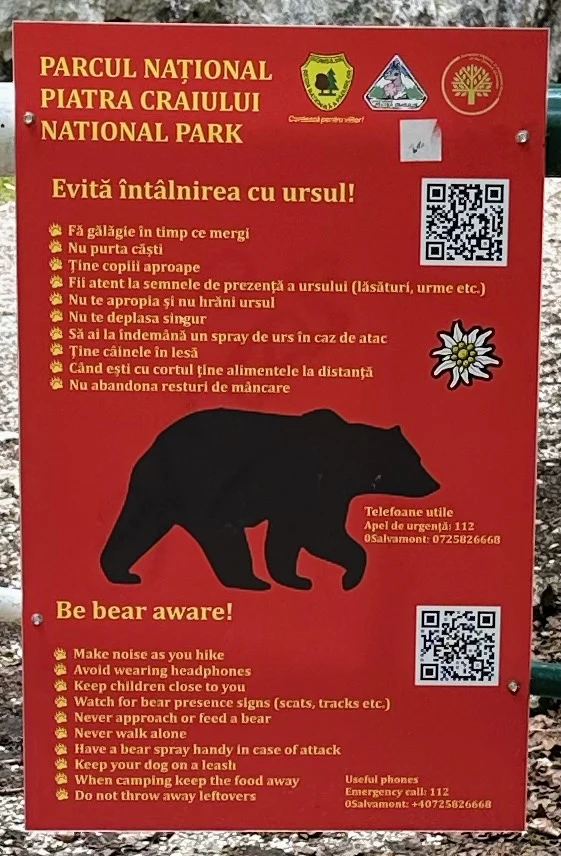 Bear warning sign in Piatra Craiului National Park, Transylvania, Romania — photo by Orlando Prugel-Bennett