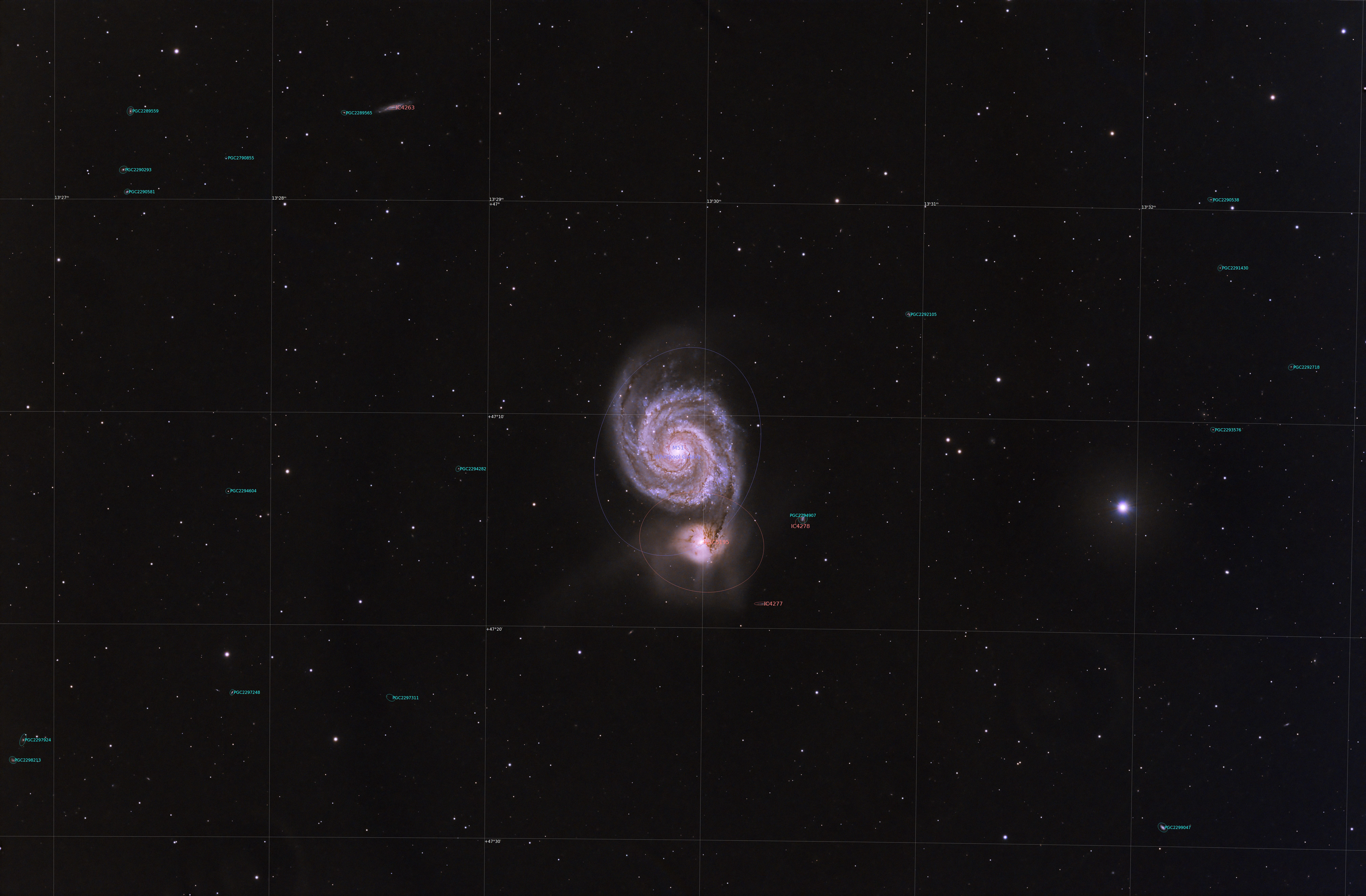 Messier 51 (Annotated), Eling, UK — photo by Orlando Prugel-Bennett