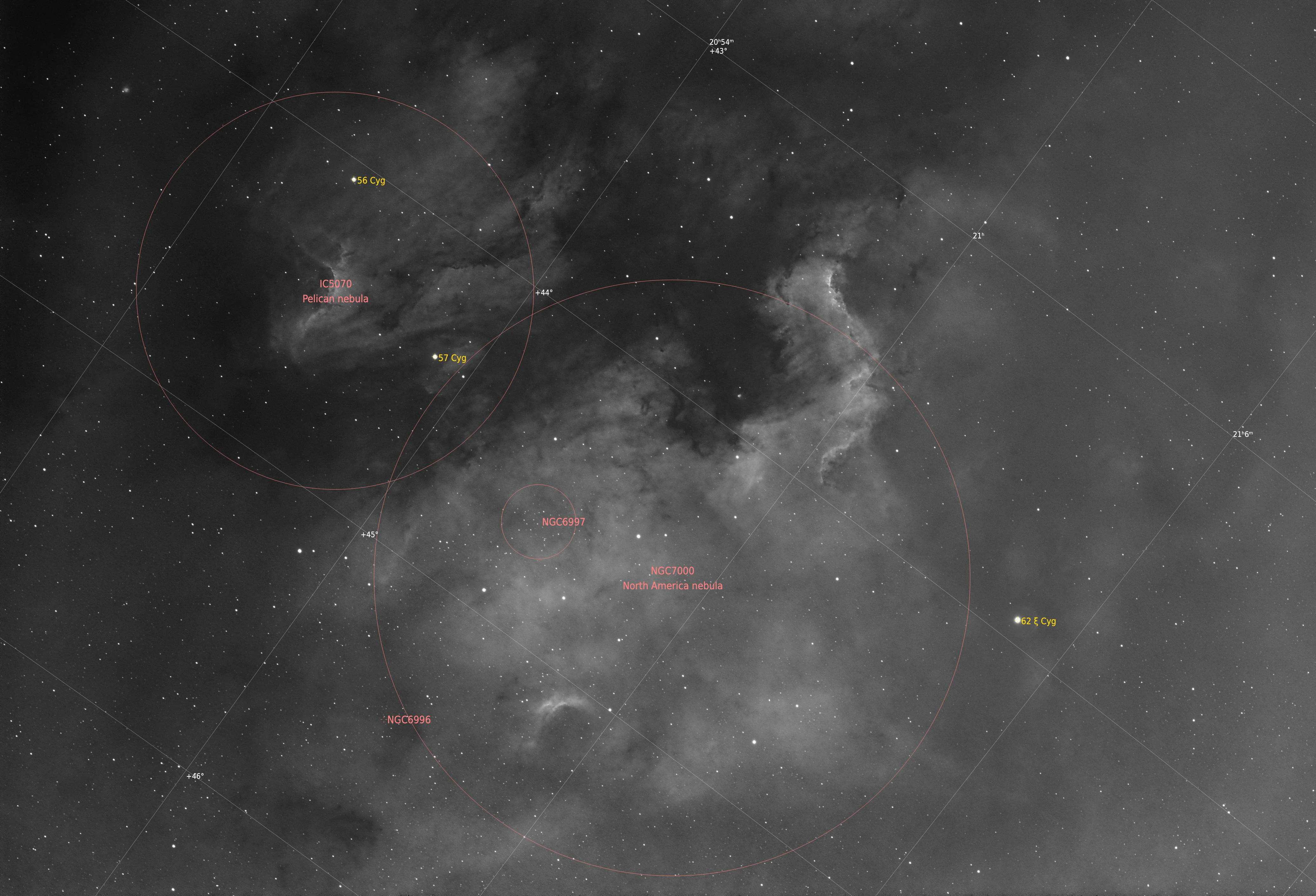 North America Nebula Monochrome (Annotated, Eling, UK — photo by Orlando Prugel-Bennett