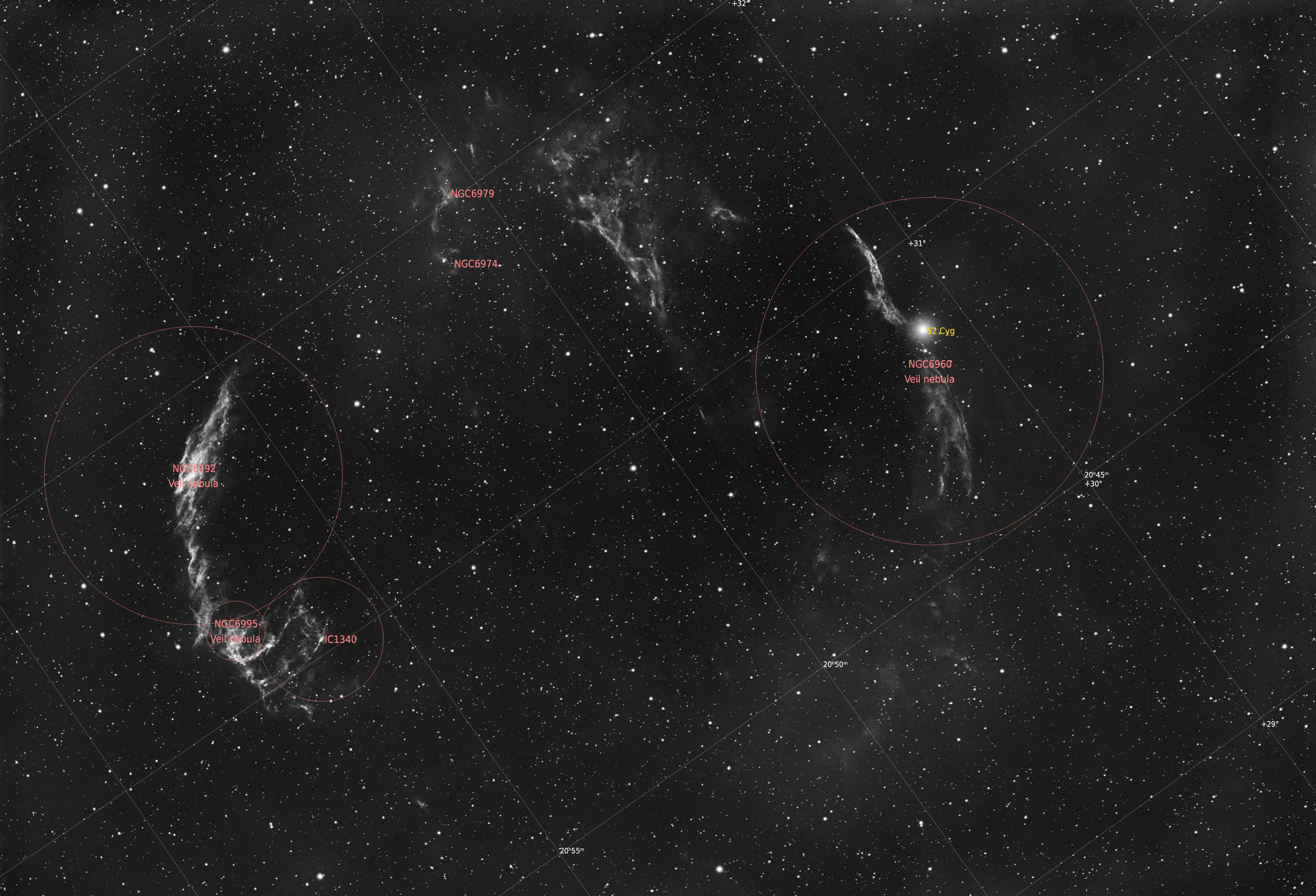 Veil Nebula Monochrome (Annotated), Eling, UK — photo by Orlando Prugel-Bennett